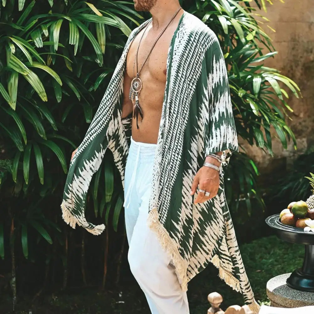 Men Tulum Linen Holiday Cardigan Men's Long White Cardigan Spring / Summer Thin Men's Sun Protection Shirt Fringe Long Cardigan