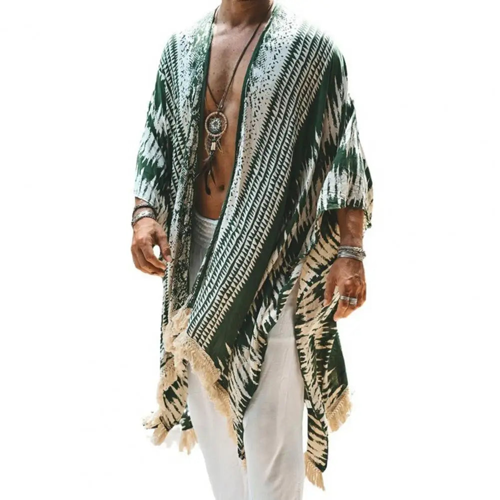 Men Tulum Linen Holiday Cardigan Men's Long White Cardigan Spring / Summer Thin Men's Sun Protection Shirt Fringe Long Cardigan