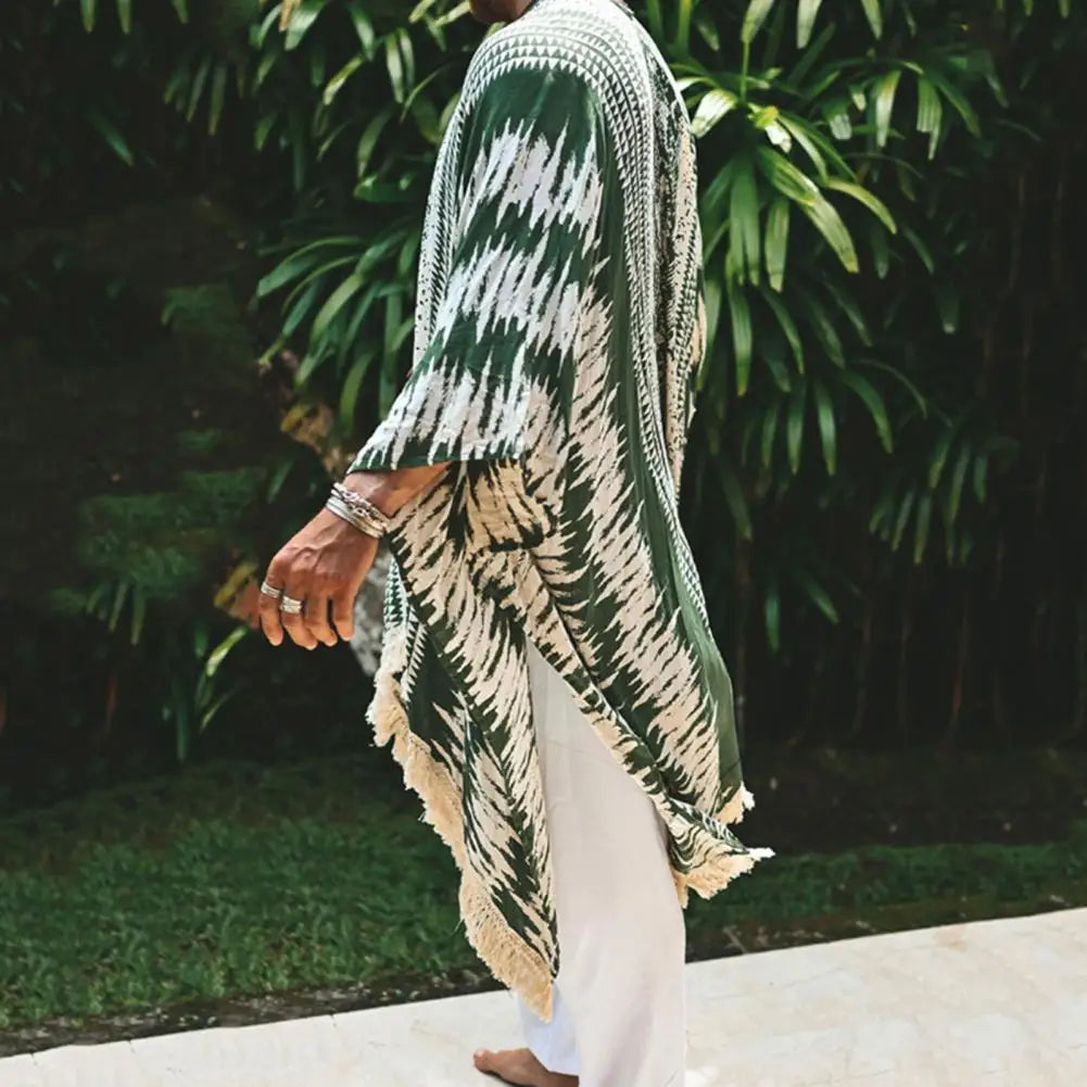 Men Tulum Linen Holiday Cardigan Men's Long White Cardigan Spring / Summer Thin Men's Sun Protection Shirt Fringe Long Cardigan