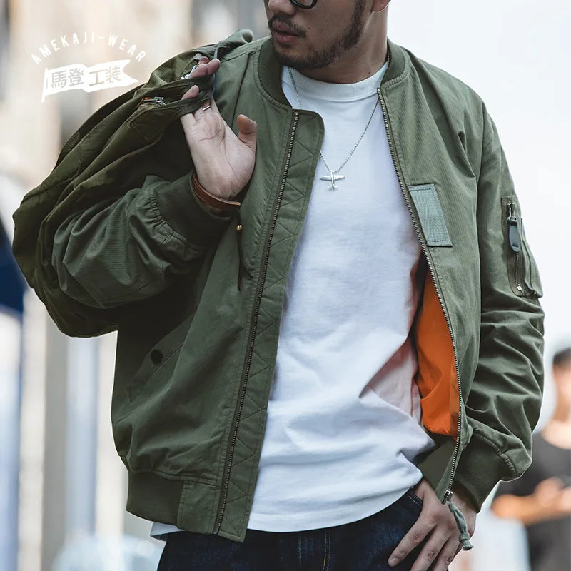 Maden Men's MA-1 Flight Bomber Jackets and T-shirts Vintage Air Pilot Jacket Green Baseball Suit Coat 2 Piece Tops