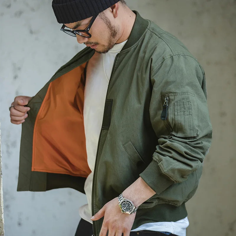 Maden Men's MA-1 Flight Bomber Jackets and T-shirts Vintage Air Pilot Jacket Green Baseball Suit Coat 2 Piece Tops