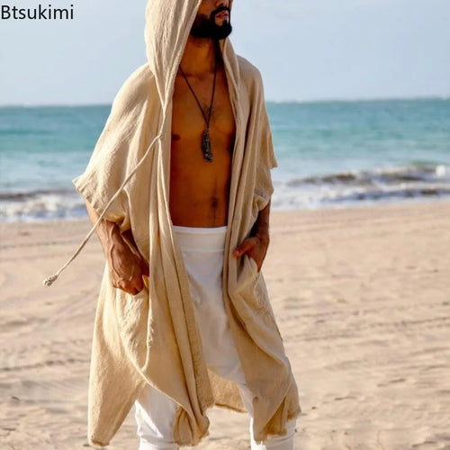 2025 Men's Summer Mid-length Cardigans Loose Casual Sun Protection Clothes Beach Holiday Style Shawl Coat Male Long Hooded Cape