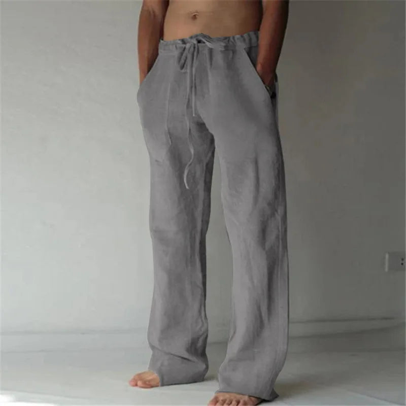 Men's Cotton Linen Long Pants Summer Solid Color Breathable Linen Trousers Male Casual Elastic Waist Casual Pants Harajuku Trous