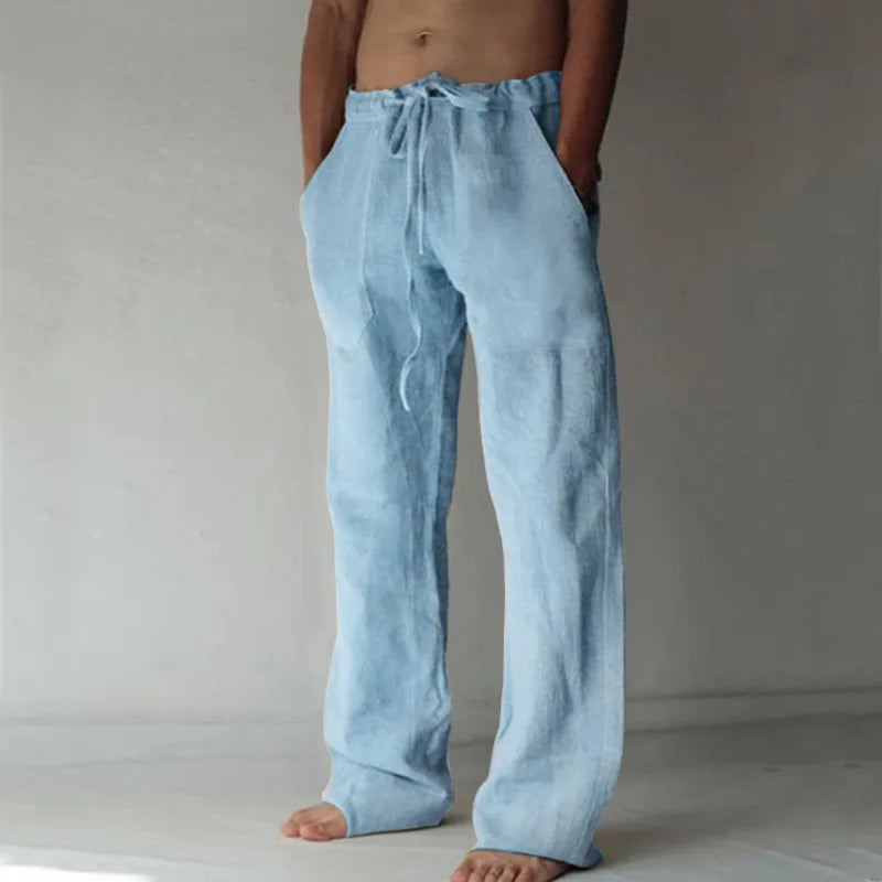 Men's Cotton Linen Long Pants Summer Solid Color Breathable Linen Trousers Male Casual Elastic Waist Casual Pants Harajuku Trous