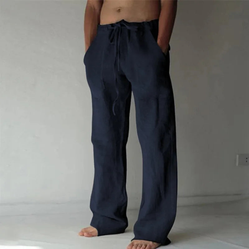 Men's Cotton Linen Long Pants Summer Solid Color Breathable Linen Trousers Male Casual Elastic Waist Casual Pants Harajuku Trous