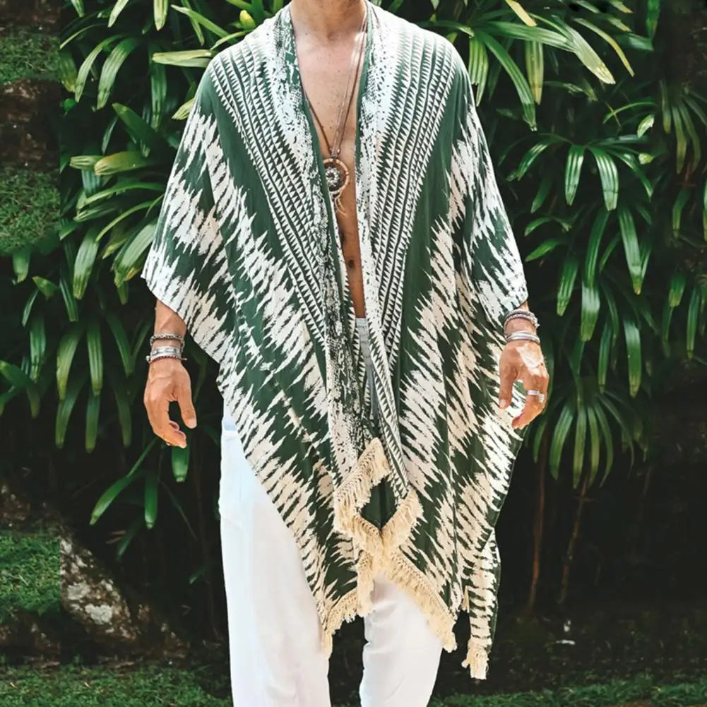 Men Tulum Linen Holiday Cardigan Men's Long White Cardigan Spring / Summer Thin Men's Sun Protection Shirt Fringe Long Cardigan
