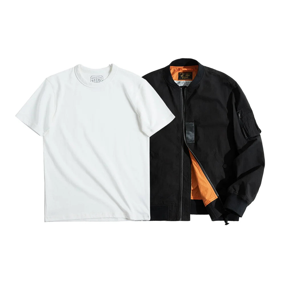 Maden Men's MA-1 Flight Bomber Jackets and T-shirts Vintage Air Pilot Jacket Green Baseball Suit Coat 2 Piece Tops