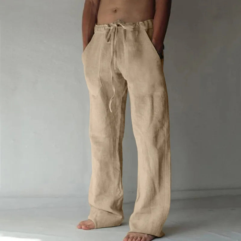 Men's Cotton Linen Long Pants Summer Solid Color Breathable Linen Trousers Male Casual Elastic Waist Casual Pants Harajuku Trous