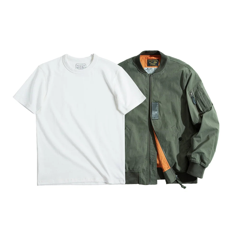 Maden Men's MA-1 Flight Bomber Jackets and T-shirts Vintage Air Pilot Jacket Green Baseball Suit Coat 2 Piece Tops