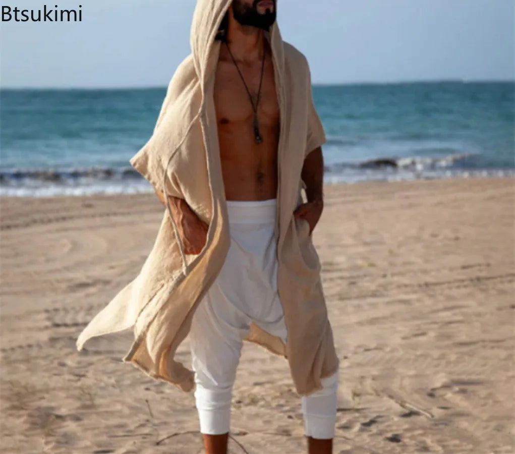 2025 Men's Summer Mid-length Cardigans Loose Casual Sun Protection Clothes Beach Holiday Style Shawl Coat Male Long Hooded Cape