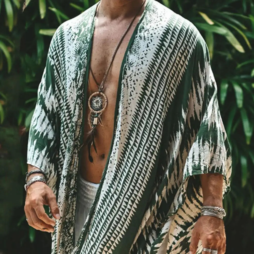 Men Tulum Linen Holiday Cardigan Men's Long White Cardigan Spring / Summer Thin Men's Sun Protection Shirt Fringe Long Cardigan