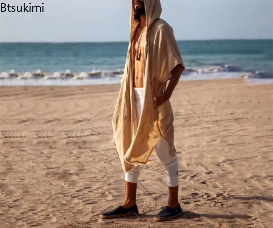 2025 Men's Summer Mid-length Cardigans Loose Casual Sun Protection Clothes Beach Holiday Style Shawl Coat Male Long Hooded Cape